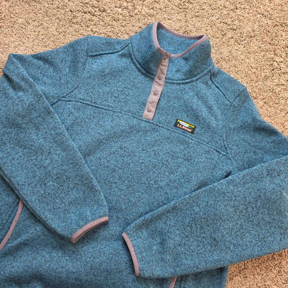 LL Bean Sweater Fleece Pullover Mens Large Blue Snap Outdoor Mock Neck Adult